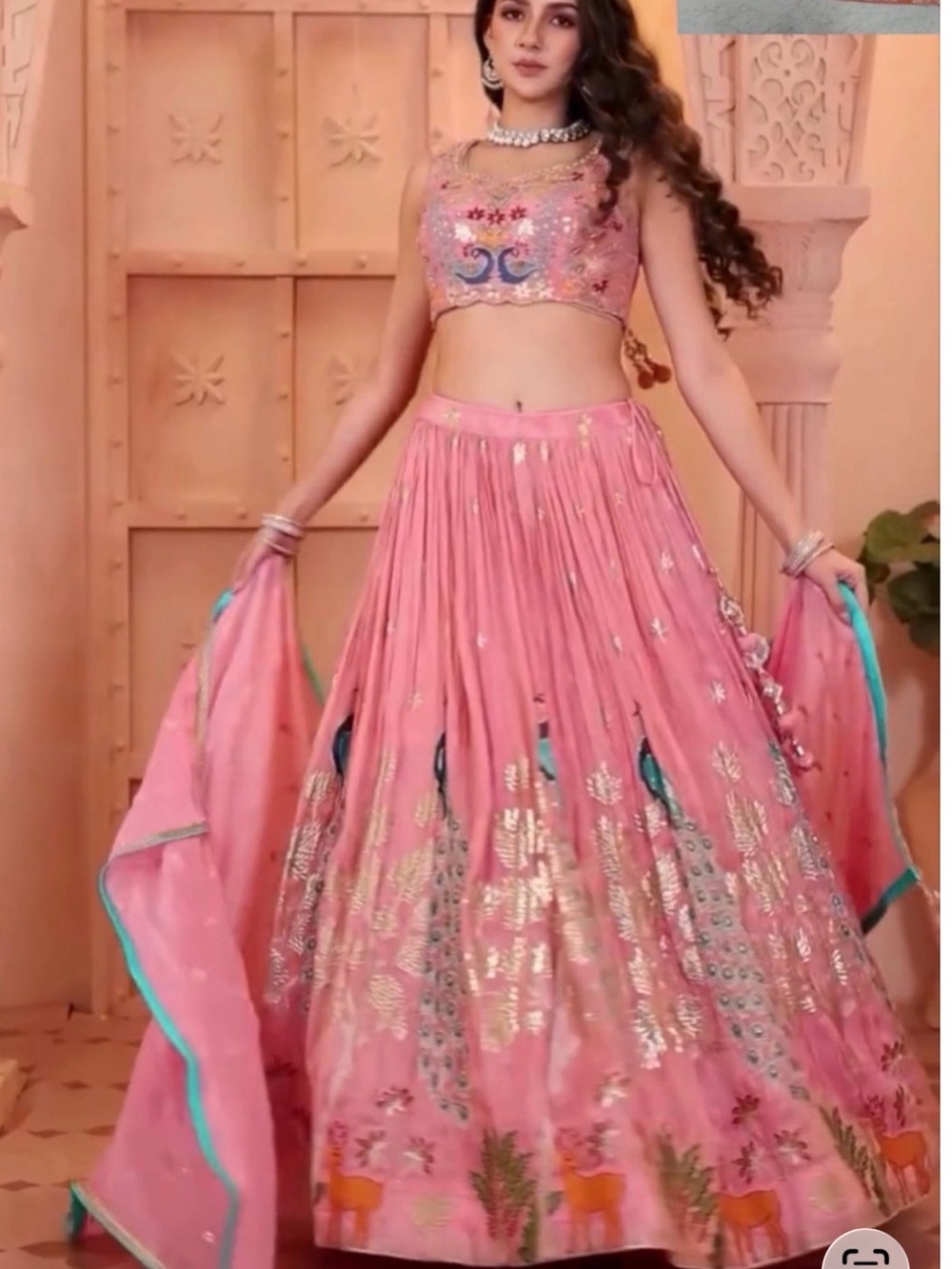 Pink Embroidered Peacock Print Lehenga Skirt - Elegant Women's Skirt